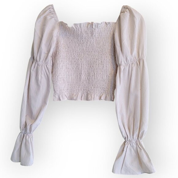 Cozy Cottagecore Gingham Off‑Shoulder Crop Blouse — Superdown XS - Picture 3 of 8